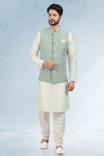 White Color Art Silk Fabric Designer Long Kurta Pyjama With Jacket