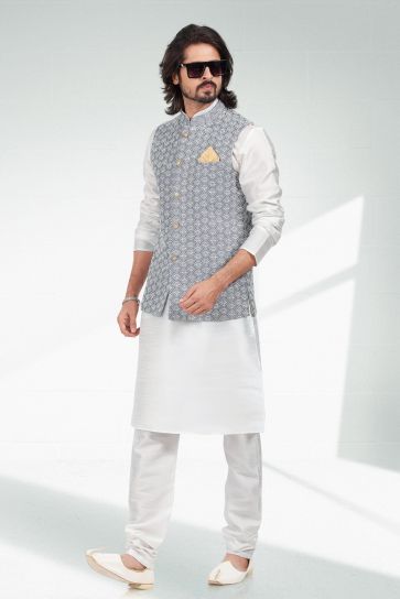 Fancy White Color Art Silk Fabric Function Wear Readymade Kurta Pyjama For Men With Modi Jacket Set
