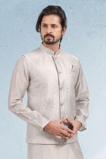Art Silk Fabric Dark Beige Color Festive Wear Readymade Men Stylish Kurta Pyjama With Nehru Jacket set 