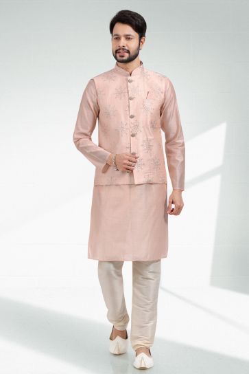 Peach Art Silk Fabric Sangeet Wear Trendy Readymade Kurta Pyjama For Men With Jacket Set