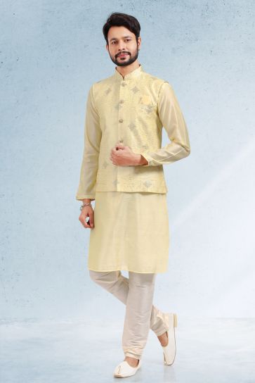 Art Silk Yellow Color Wedding Wear Readymade Designer Men Kurta Pyjama With Modi Jacket