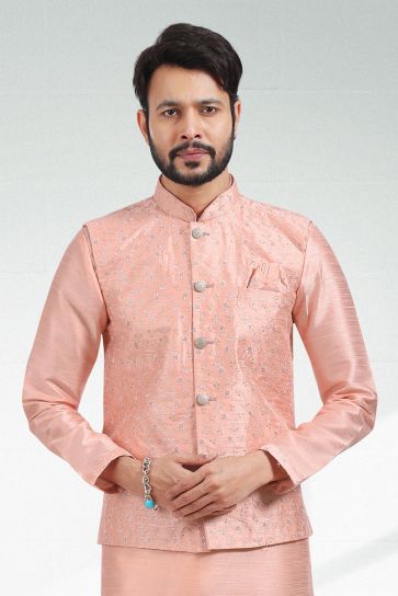 Gorgeous Art Silk Fabric Reception Wear Readymade Peach Kurta Pyjama For Men With Fancy Jacket