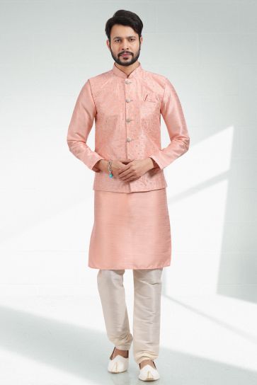 Gorgeous Art Silk Fabric Reception Wear Readymade Peach Kurta Pyjama For Men With Fancy Jacket