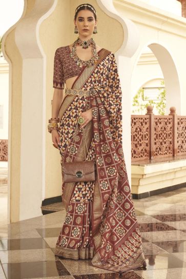 Marvelous Art Silk Printed Brown Color Saree