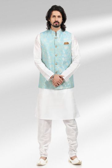 Men White Color Ethnic Kurta With Pyjama And Nehru Jacket
