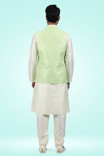 White Color Jacquard Silk Fabric Designer Long Kurta Pyjama With Jacket