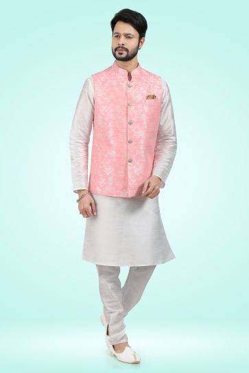 Jacquard Silk Fabric White Color Festive Wear Readymade Men Stylish Kurta Pyjama With Nehru Jacket set 