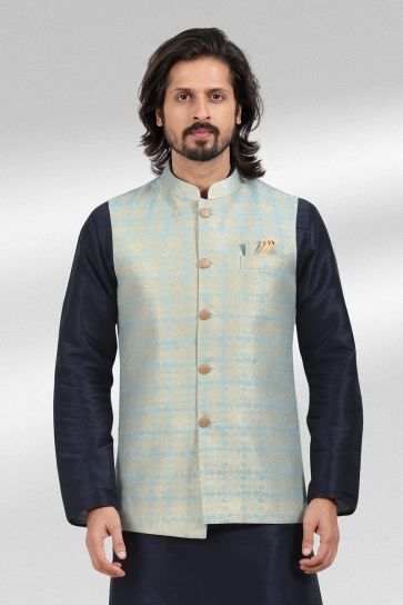 Navy Blue Jacquard Silk Fabric Sangeet Wear Trendy Readymade Kurta Pyjama For Men With Jacket Set