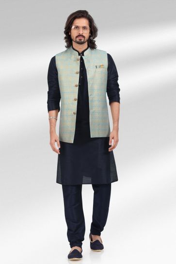 Navy Blue Jacquard Silk Fabric Sangeet Wear Trendy Readymade Kurta Pyjama For Men With Jacket Set