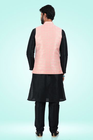Jacquard Silk Black Color Wedding Wear Readymade Designer Men Kurta Pyjama With Modi Jacket