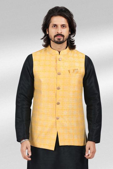 Gorgeous Jacquard Silk Fabric Reception Wear Readymade Kurta Pyjama For Men With Nehru Jacket