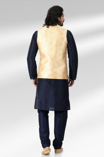 Navy Blue Jacquard Silk Readymade Lovely Kurta Pyjama For Men With Jacket