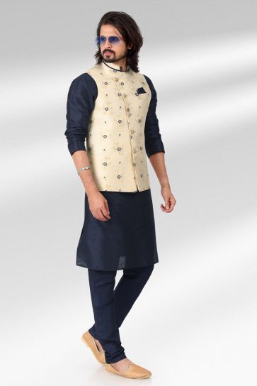 Jacquard Silk Fabric Navy Blue Color Festive Wear Readymade Stunning Kurta Pyjama For Men With 3 Pcs Jacket Set