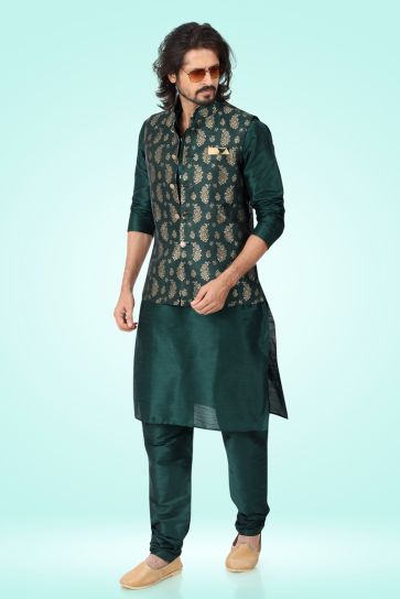 Green Color Sangeet Wear Readymade Lovely Jacquard Silk Fabric Kurta Pyjama For Men With 3 Pcs Jacket Set