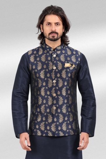 Jacquard Silk Fabric Wedding Wear Readymade Pretty Navy Blue Color Kurta Pyjama For Men With 3 Pcs Jacket Set