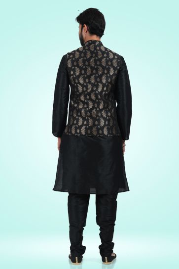Reception Wear Readymade Black Color Jacquard Silk Fabric Beautiful Kurta Pyjama For Men With 3 Pcs Jacket Set