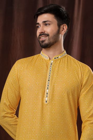 Mustard Color Sangeet Wear Readymade Fancy Fabric Bandhani Print Kurta Pyjama For Men