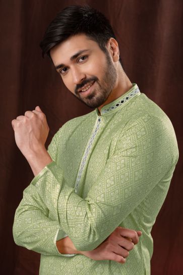 Fancy Fabric Bandhani Print Wedding Wear Readymade Sea Green Color Kurta Pyjama For Men