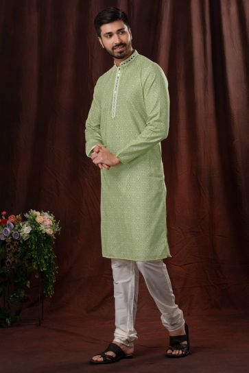 Fancy Fabric Bandhani Print Wedding Wear Readymade Sea Green Color Kurta Pyjama For Men