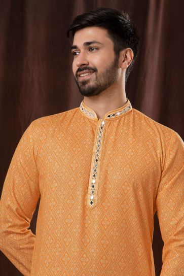 Reception Wear Readymade Bandhani Print Peach Color Fancy Fabric Kurta Pyjama For Men