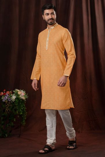 Reception Wear Readymade Bandhani Print Peach Color Fancy Fabric Kurta Pyjama For Men