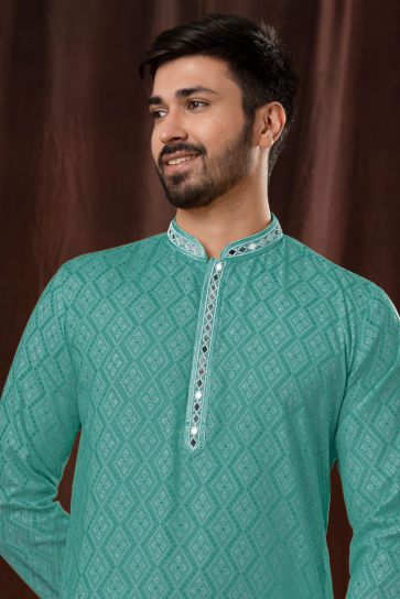 Cyan Color Fancy Fabric Bandhani Print Readymade Kurta Pyjama For Men