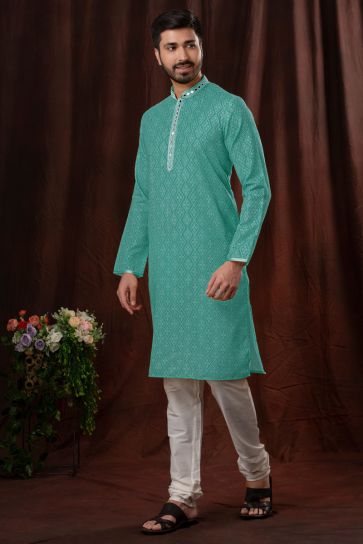 Cyan Color Fancy Fabric Bandhani Print Readymade Kurta Pyjama For Men