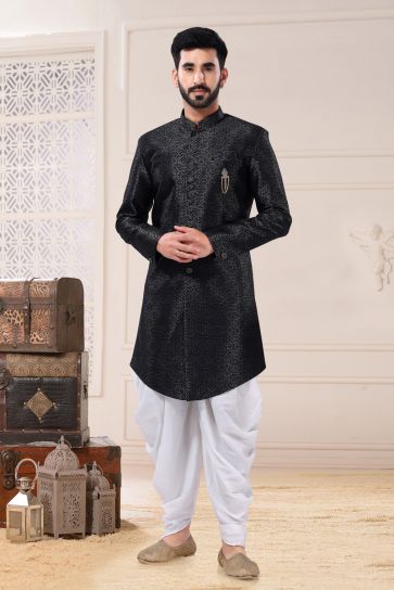 Jacquard Wedding Wear Attractive Readymade Men Indo Western In Black Color