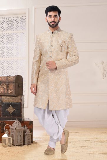 Beige Silk Fabric Magnificent Readymade Men Indo Western For Wedding Wear