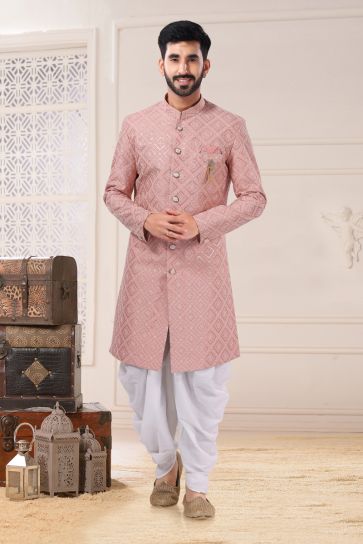 Silk Pink Magnificent Readymade Men Indo Western For Wedding Wear
