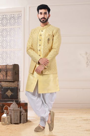 Yellow Color Silk Fabric Wedding Wear Designer Readymade Indo Western For Men