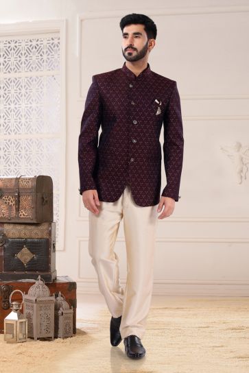 Jacquard Fabric Burgundy Color Wedding Wear Designer Readymade Jodhpuri Suit For Men