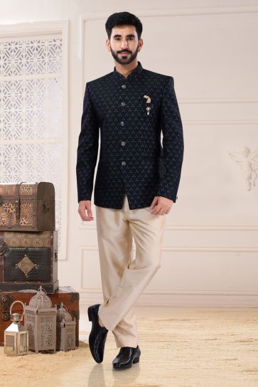 Teal Color Wedding Wear Jacquard Fabric Designer Readymade Jodhpuri Suit For Men