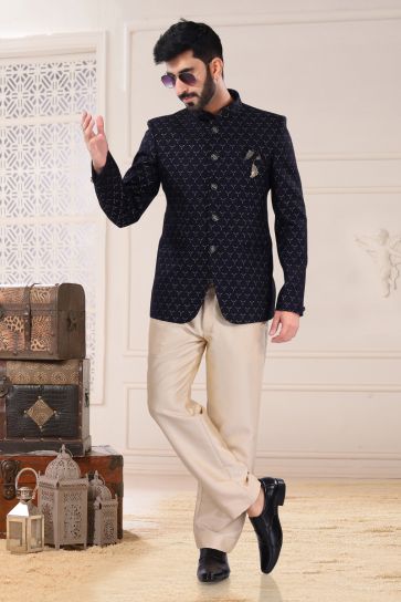 Navy Blue Color Wedding Wear Jacquard Fabric Designer Readymade Jodhpuri Suit For Men