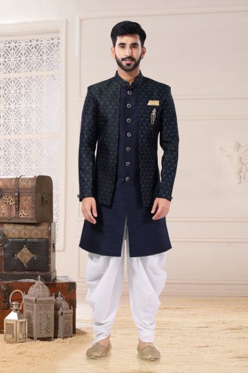 Silk Fabric Designer Wedding Wear Readymade Indo Western For Men In Blue Color