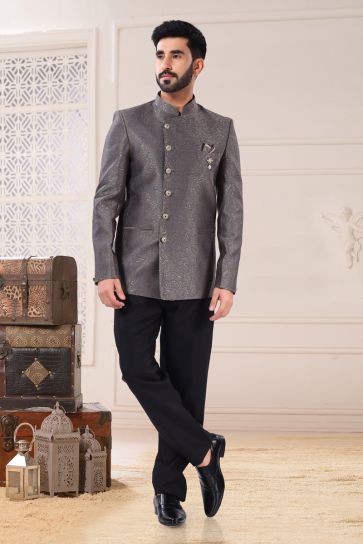 Grey Color Jacquard Fabric Readymade Jodhpuri Suit For Men
