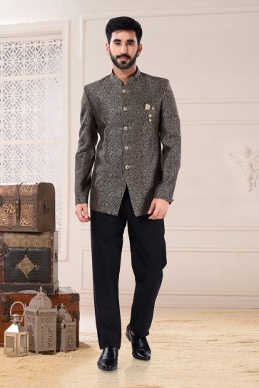 Grey Color Sangeet Wear Readymade Jacquard Fabric Jodhpuri Suit For Men