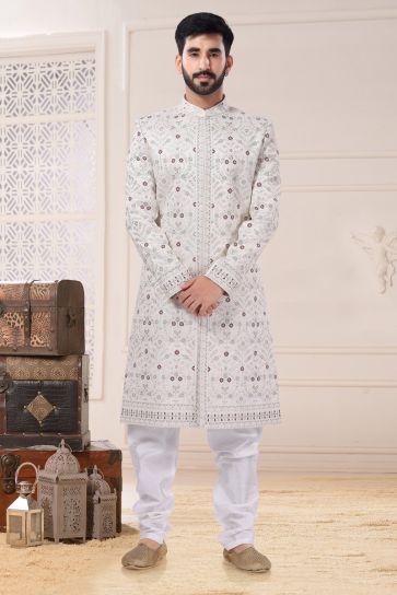 Silk Fabric Wedding Wear Readymade White Color Sherwani For Men