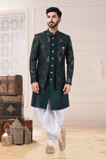 Teal Color Silk Fabric Wedding Wear Readymade Indo Western For Men