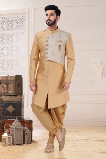 Silk Fabric Golden Color Wedding Wear Readymade Men Stylish Indo Western