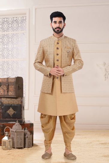 Golden Silk Fabric Wedding Wear Trendy Readymade Indo Western For Men