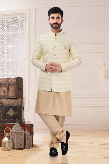 Jacquard Stunning Cream Color Wedding Wear Readymade Men Indo Western