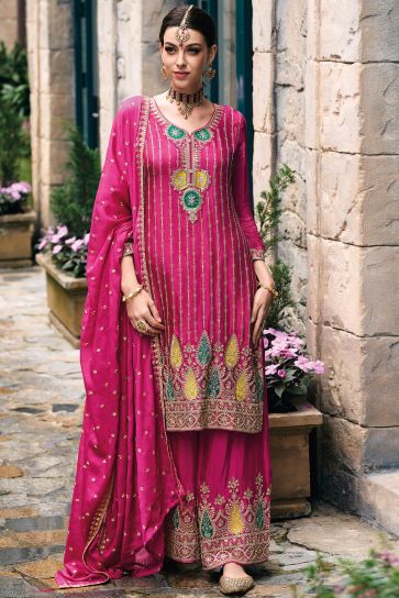 Magenta Color Embroidered Palazzo Salwar Suit In Chinon Fabric