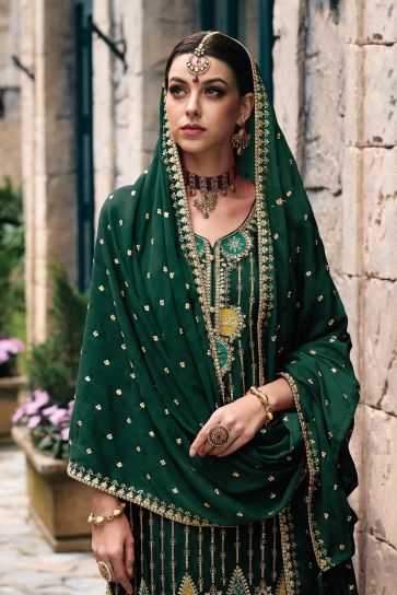 Embroidered Chinon Fabric Palazzo Suit In Dark Green Color