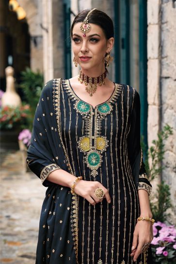 Navy Blue Color Chinon Fabric Fancy Embroidered Palazzo Salwar Kameez