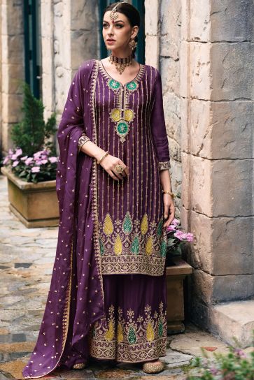 Chinon Fabric Embroidered Purple Color Palazzo Salwar Suit