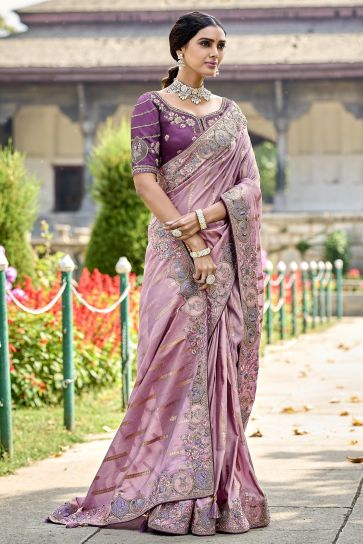 Creative Pink Color Silk Saree With Heavy Embroidered Blouse