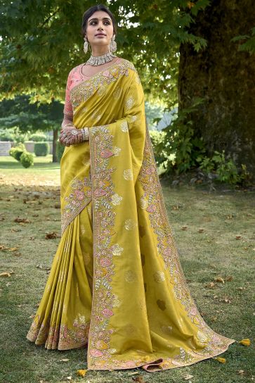 Excellent Silk Mustard Color Saree With Heavy Embroidered Blouse