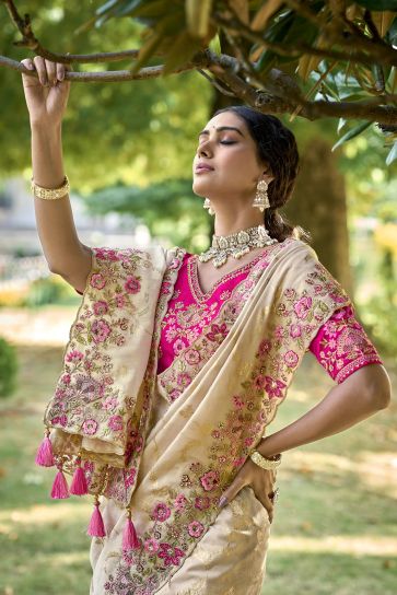 Beguiling Beige Color Silk Saree With Heavy Embroidered Blouse