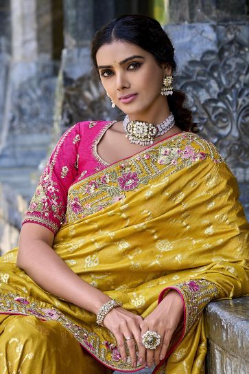 Incredible Silk Yellow Color Saree With Heavy Embroidered Blouse